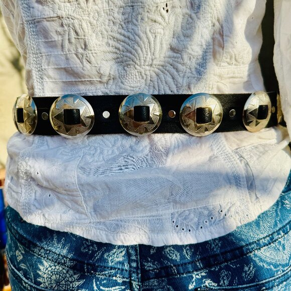 Vintage Black Leather Concho Belt England - Picture 1 of 7